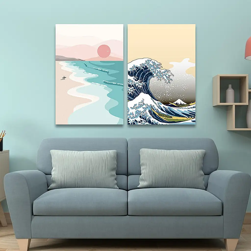 لوحة جدارية فنية لتزين الحائط بتصميم بحر, قطعتين ,القياس:80x60سم