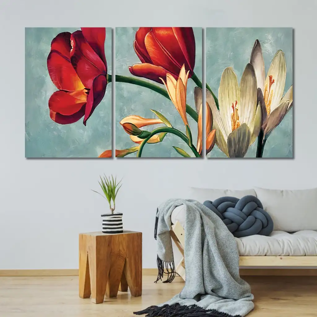 لوحة جدارية فنية لتزين الحائط بتصميم أزهار ، ثلاث قطع ،مقاس ( 120X60cm)