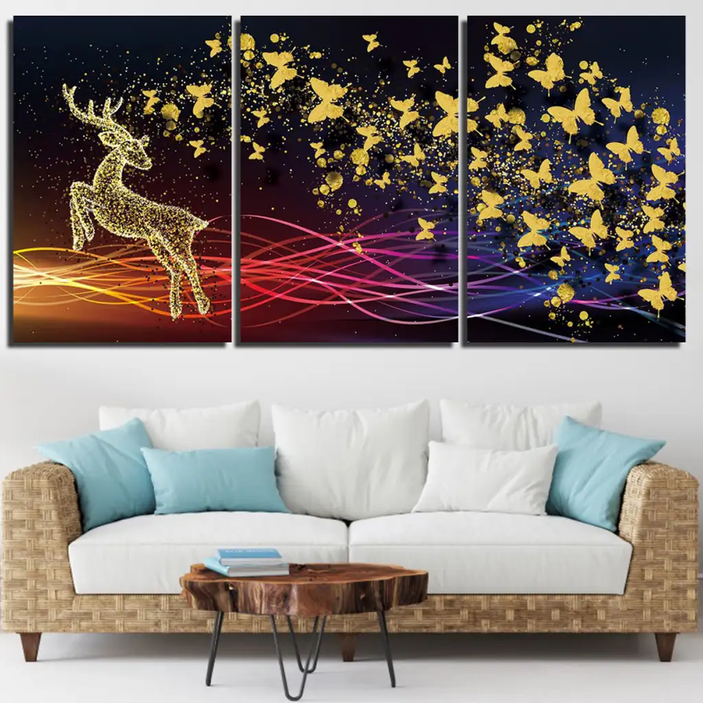 لوحة جدارية فنية لتزين الحائط بتصميم غزال ، ثلاث قطع ،مقاس ( 120X60cm)