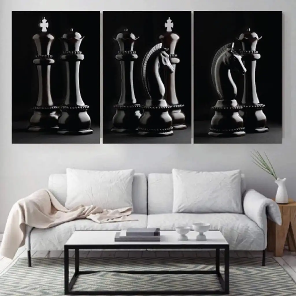 لوحة جدارية فنية لتزين الحائط بتصميم شطرنج ، ثلاث قطع ،مقاس ( 120X60cm)