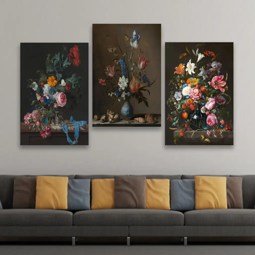 لوحة جدارية فنية لتزين الحائط بتصميم ورود ، ثلاث قطع ،مقاس ( 120X60cm)