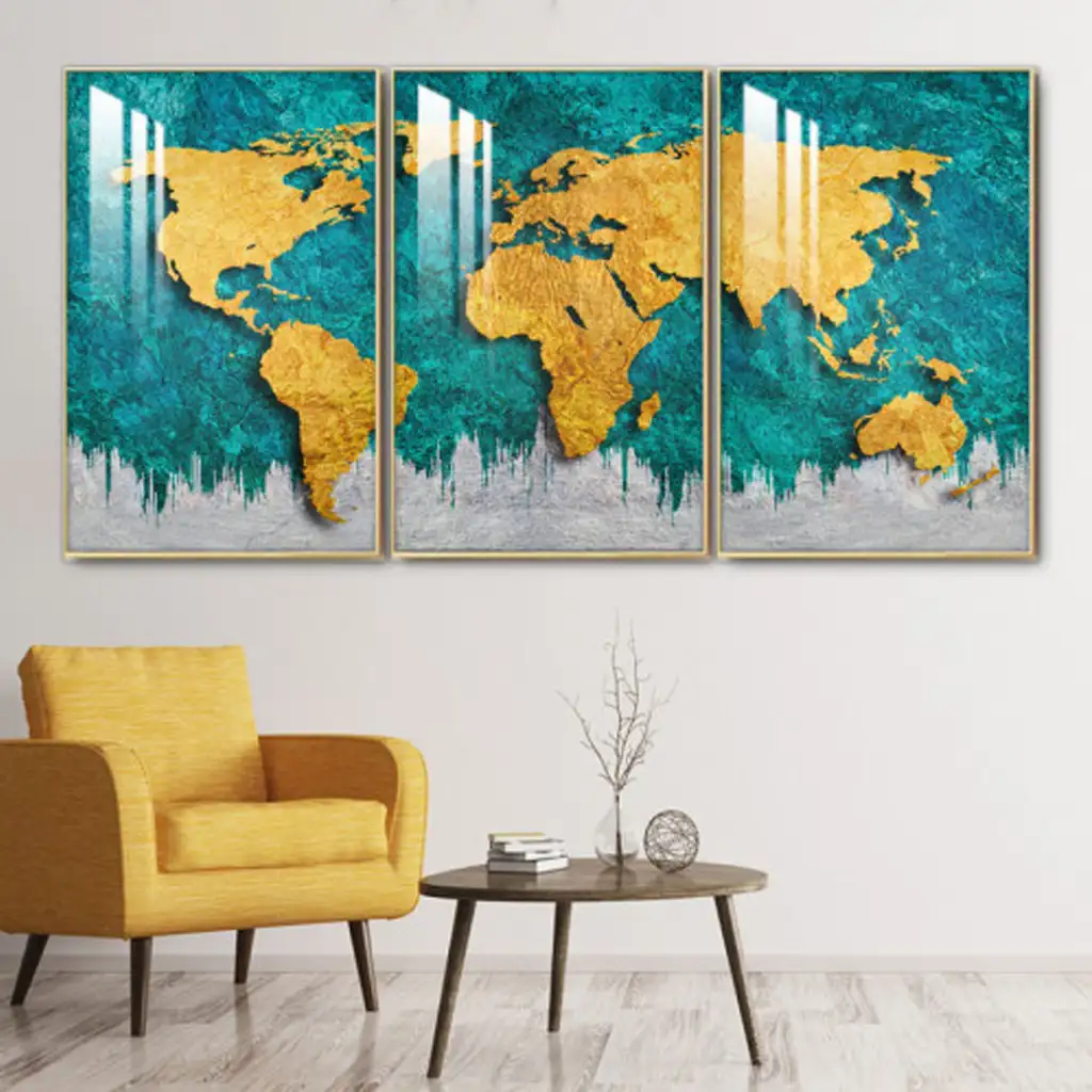 ثلاث لوحات جدارية مع برواز ذهبي واكريلك شفاف 120x60