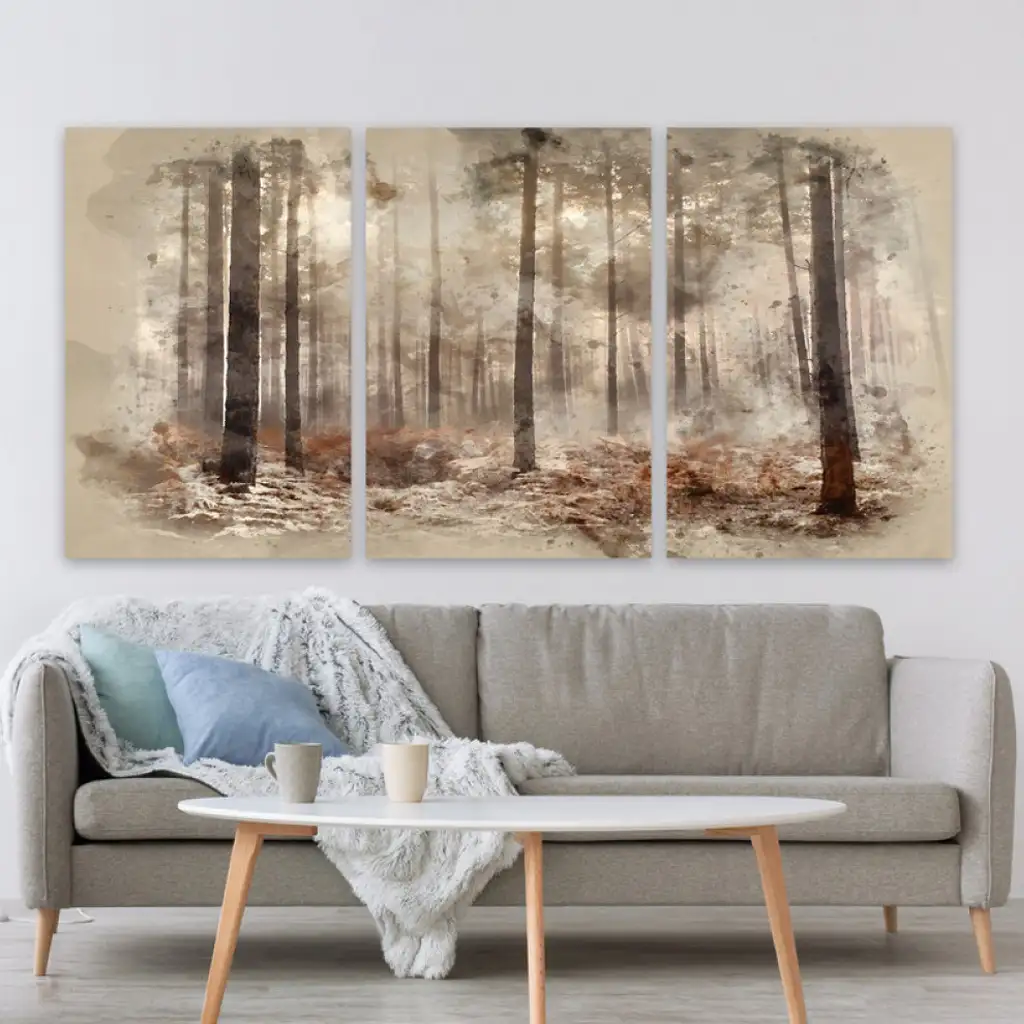 لوحة جدارية فنية لتزين الحائط بتصميم غابة ، ثلاث قطع ،مقاس ( 120X60cm)