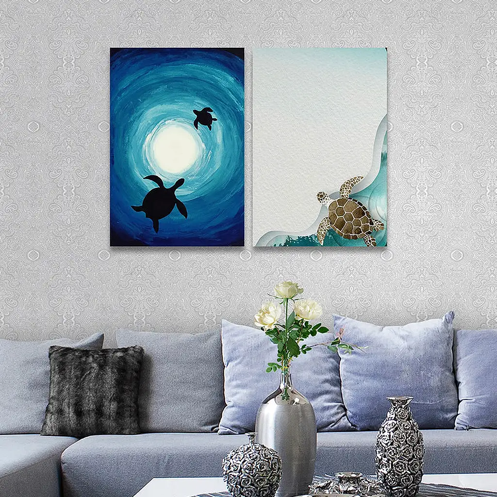 لوحة جدارية فنية لتزين الحائط بتصميم سلحفاة, قطعتين ,القياس:80x60سم