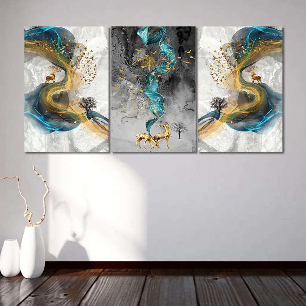 لوحة جدارية فنية لتزين الحائط بتصميم تجريدي ، ثلاث قطع ،مقاس ( 120X60cm)