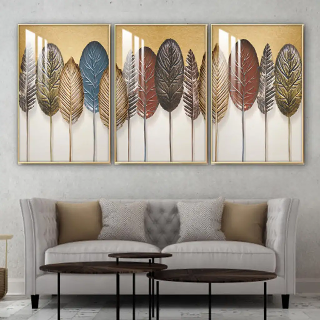 ثلاث لوحات جدارية مع برواز ذهبي واكريلك شفاف 120x60