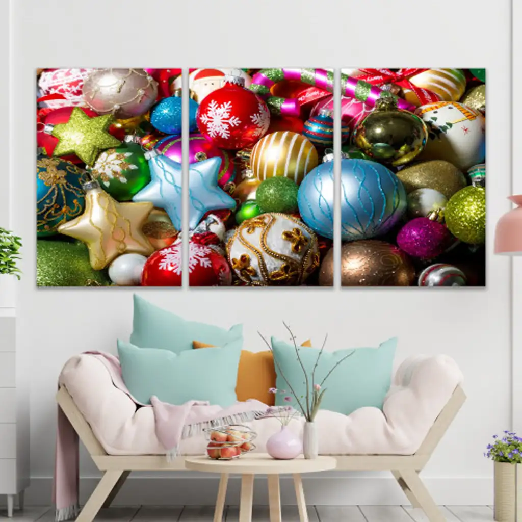 لوحة جدارية فنية لتزين الحائط بتصميم عيد الميلاد، ثلاث قطع ،مقاس ( 120X60cm)