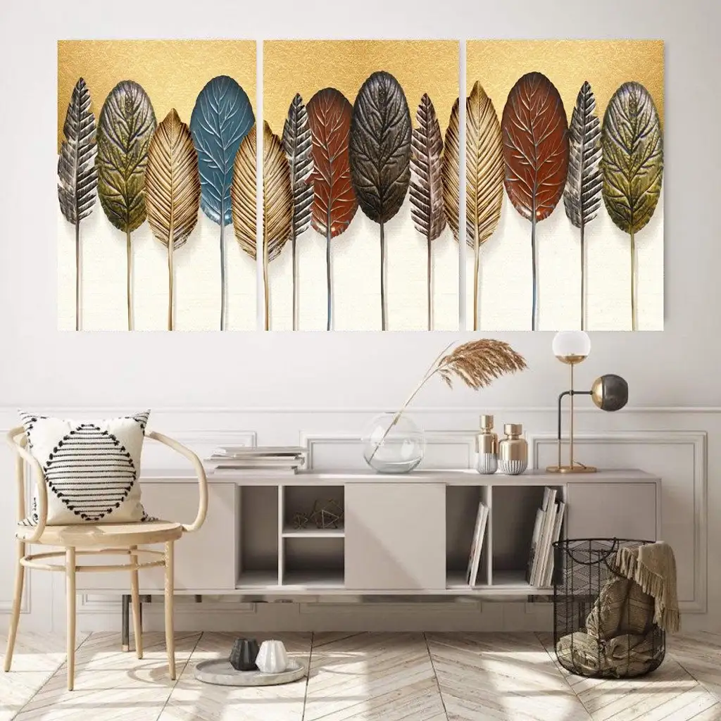 لوحة جدارية فنية لتزين الحائط بتصميم تجريدي ، ثلاث قطع ،مقاس ( 120X60cm)