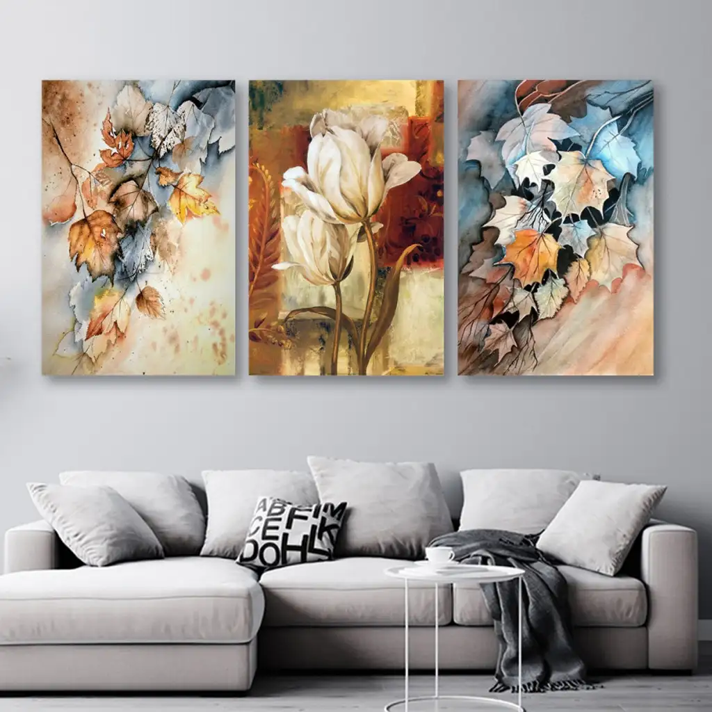 لوحة جدارية فنية لتزين الحائط بتصميم ورود ، ثلاث قطع ،مقاس ( 120X60cm)