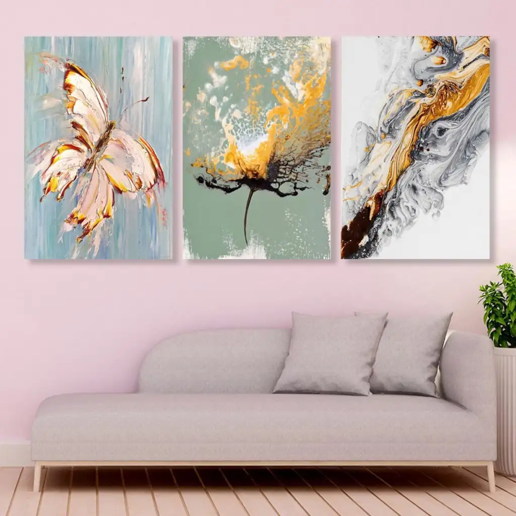 لوحة جدارية فنية لتزين الحائط بتصميم فراشة ، ثلاث قطع ،مقاس ( 120X60cm)